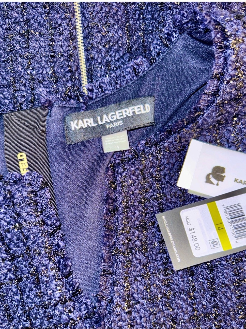 Karl Lagerfeld Navy Tweed Sheath Mini Dress with Buttons, Size XL, NWT - Picture 3 of 3